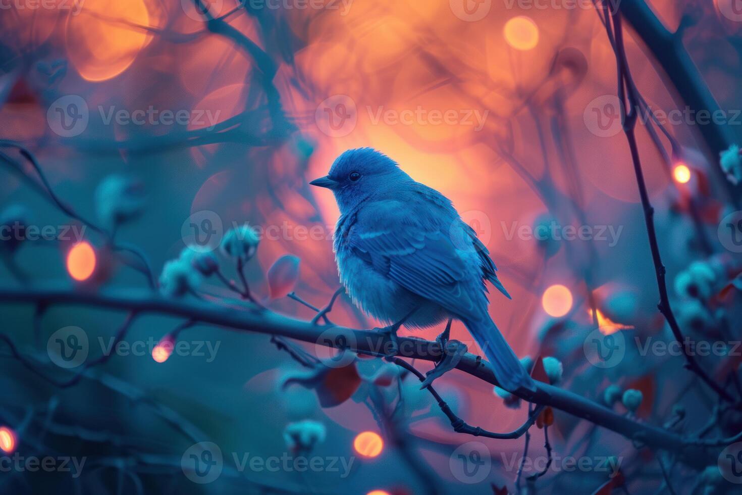 Serene bird perches amidst twilight hues and soft bokeh lights photo