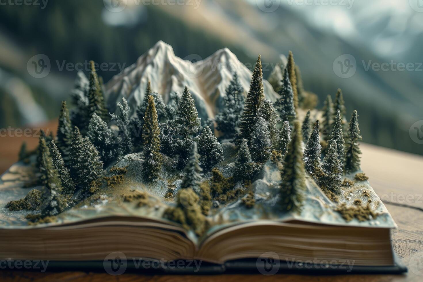 Enchanted forest pop-up book on wooden table photo