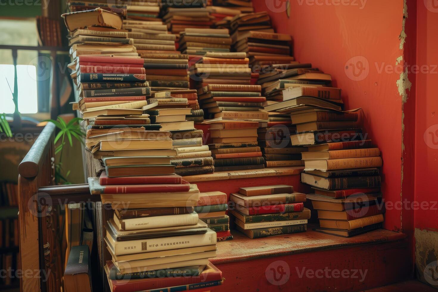 Staircase piled with assorted old books photo