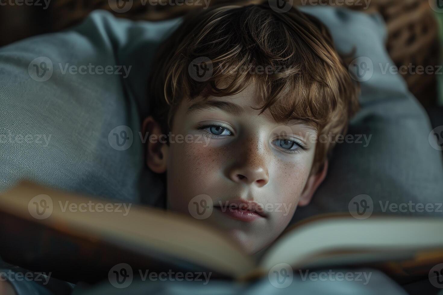 Boy reading a book while lying down photo