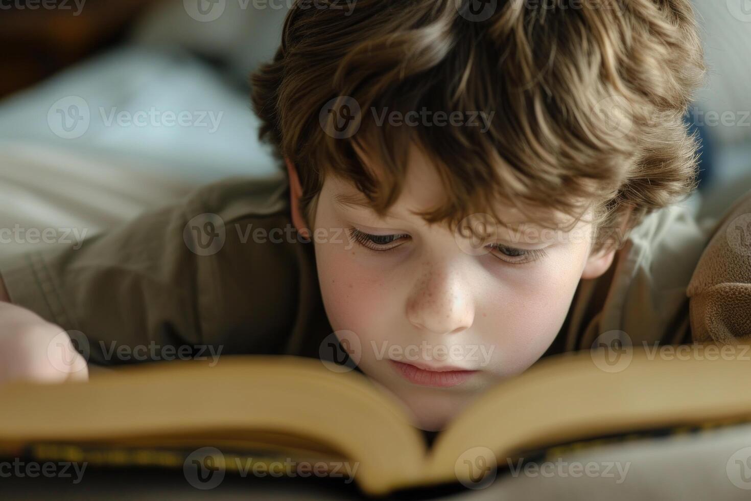Young boy engrossed in reading a book photo