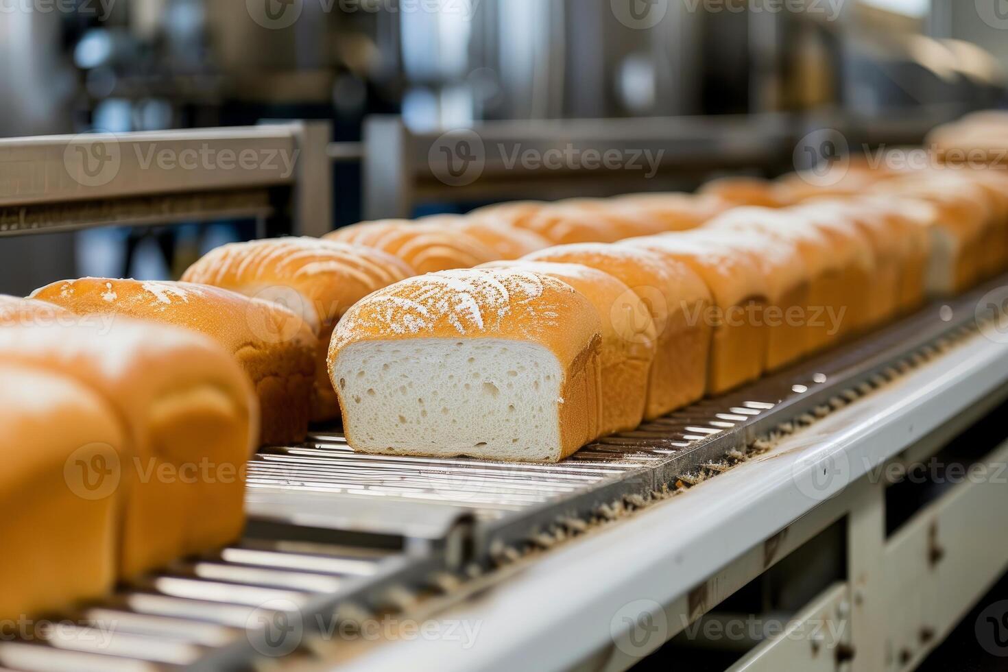 Freshly baked bread on conveyor belt in factory photo
