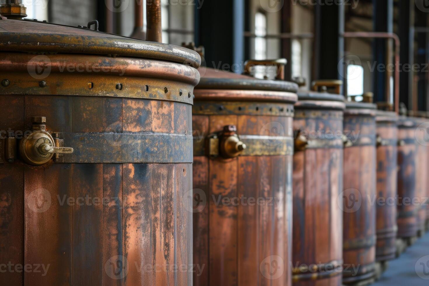 Rustic copper distillery vats in industrial setting photo