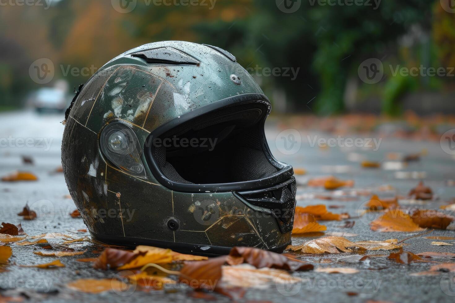 Wet motorcycle helmet on autumn road photo