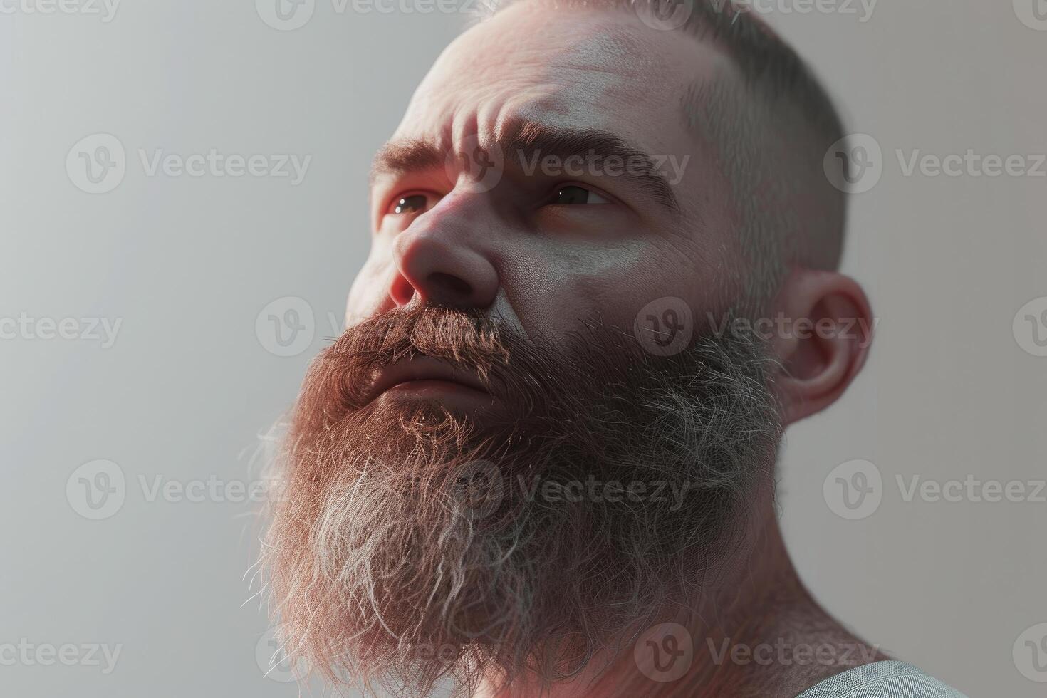Close-up of a thoughtful man with a thick beard, gazing upwards photo