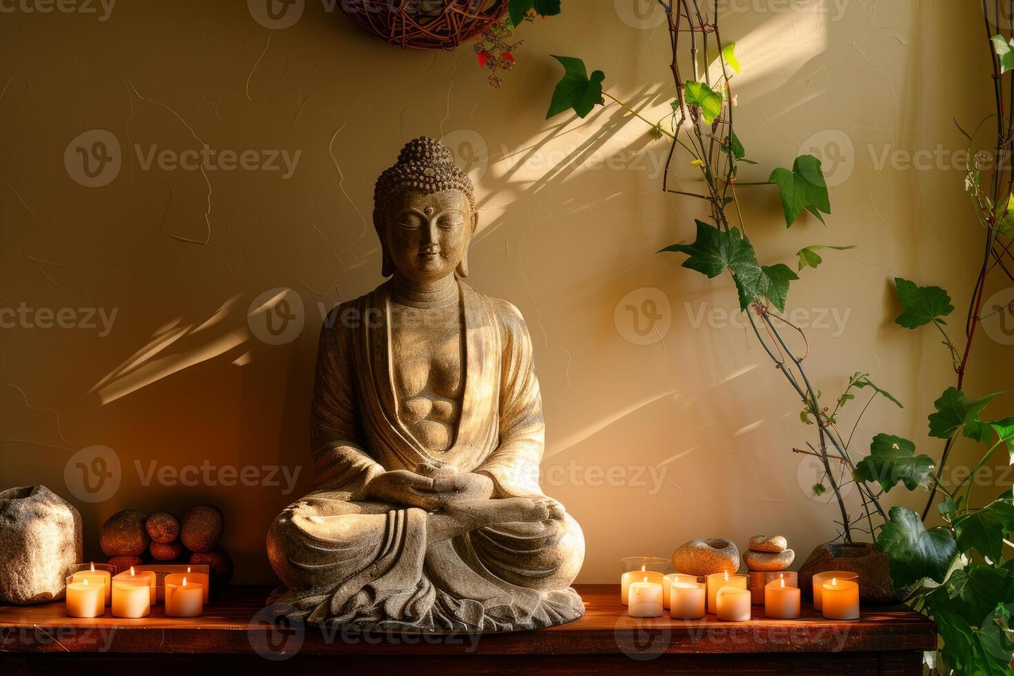 Serene buddha statue with candles and greenery photo