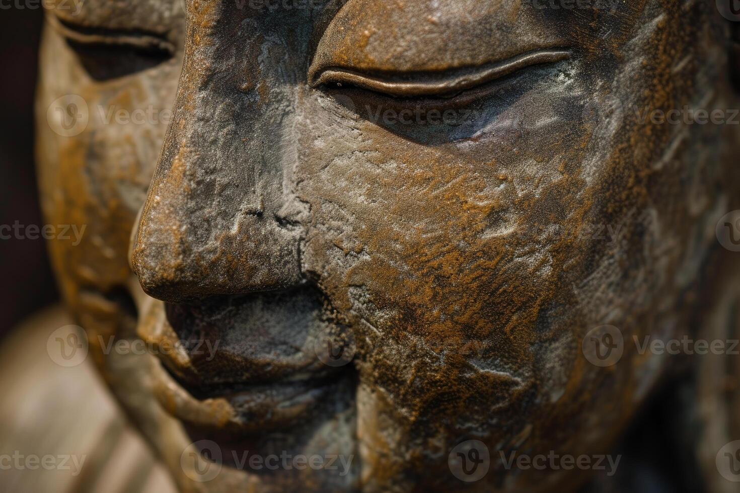 Close-up of ancient weathered stone statue photo