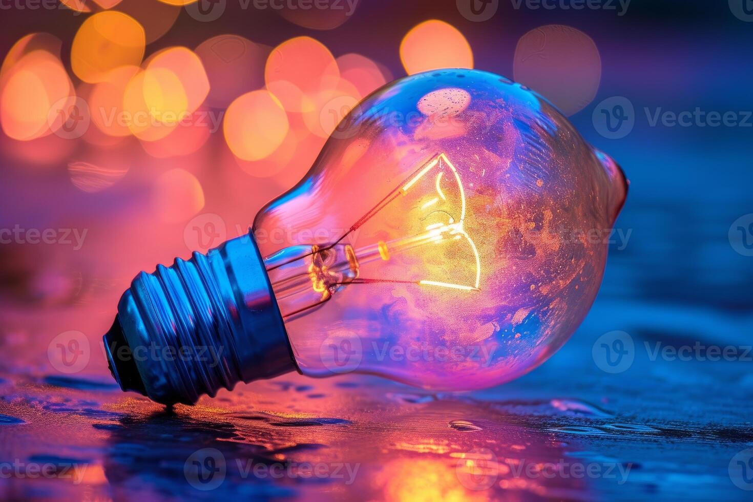 Glowing light bulb on vibrant background photo