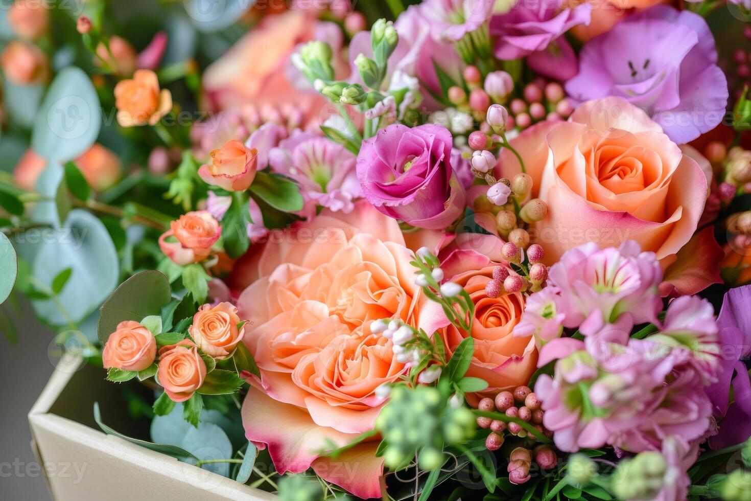 Colorful bouquet of mixed flowers in elegant arrangement photo