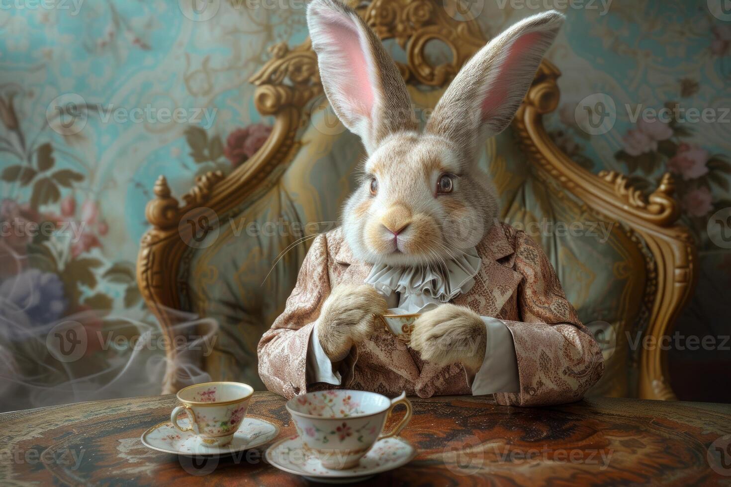 Elegant rabbit enjoying tea time photo