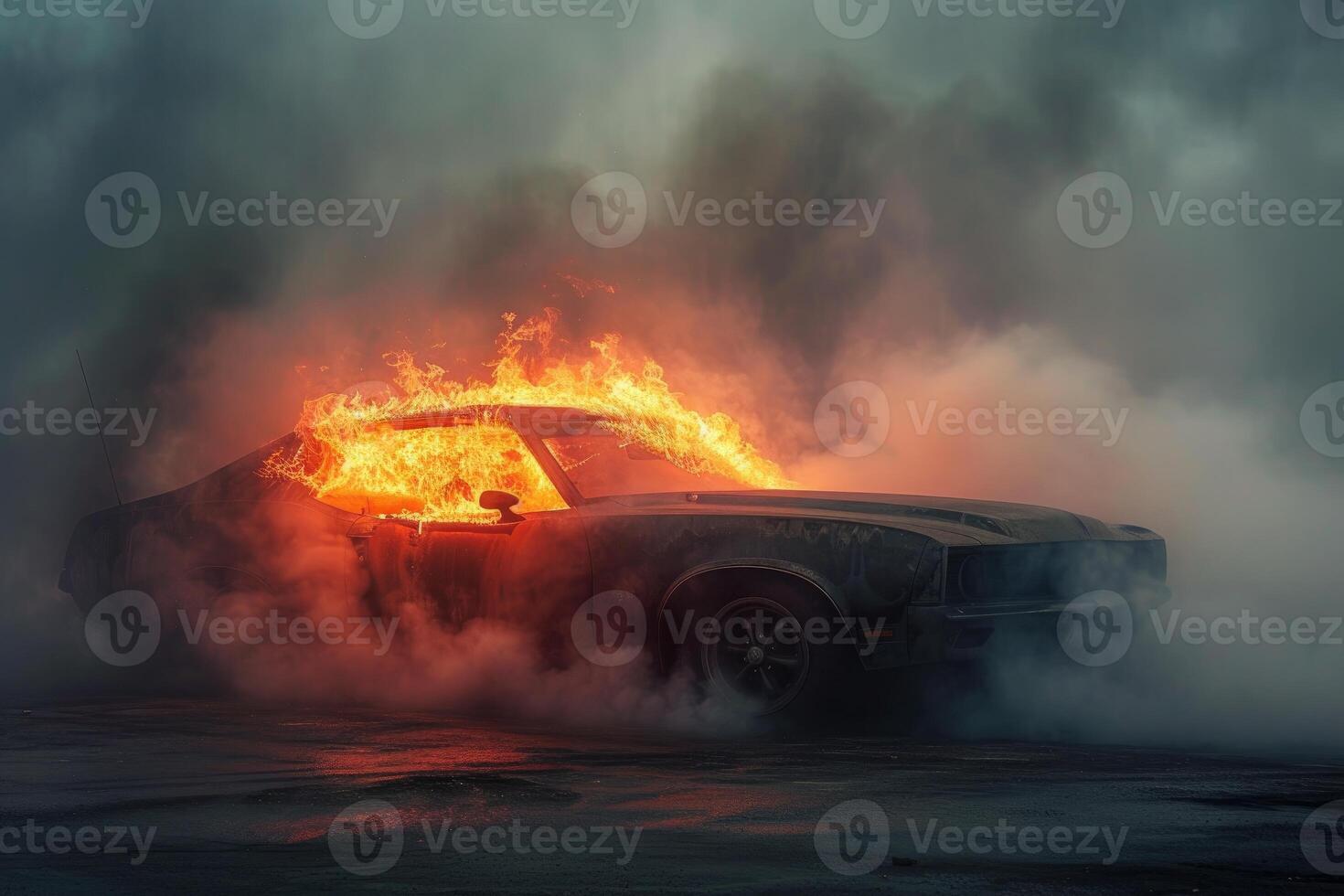 Fiery inferno engulfs vintage muscle car photo