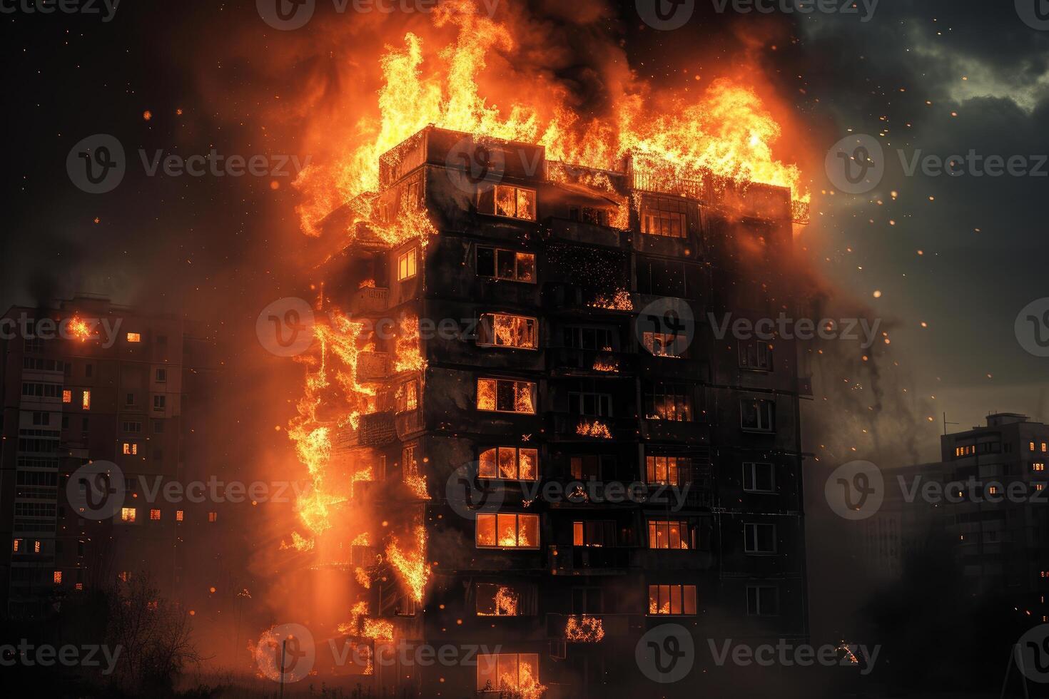 Inferno engulfs residential building at night photo