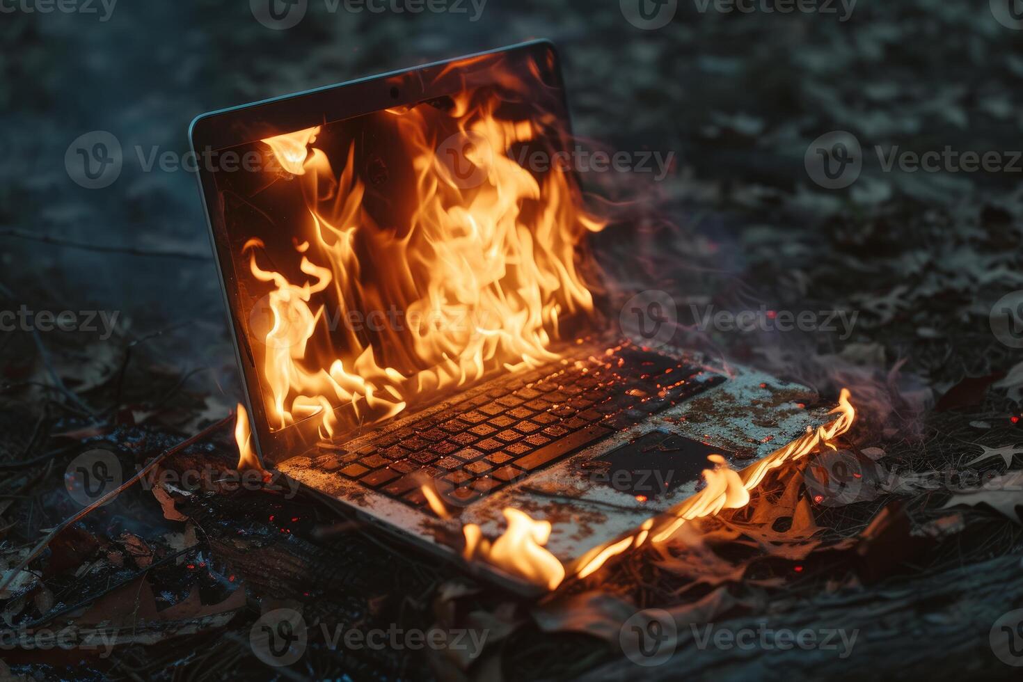Burning laptop in a dark setting photo