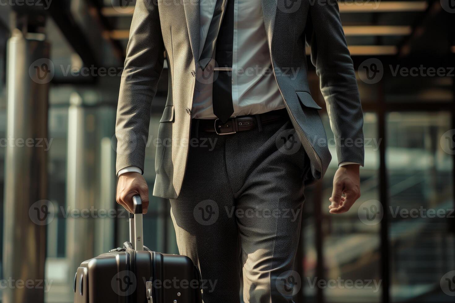 Business traveler with suitcase at airport photo