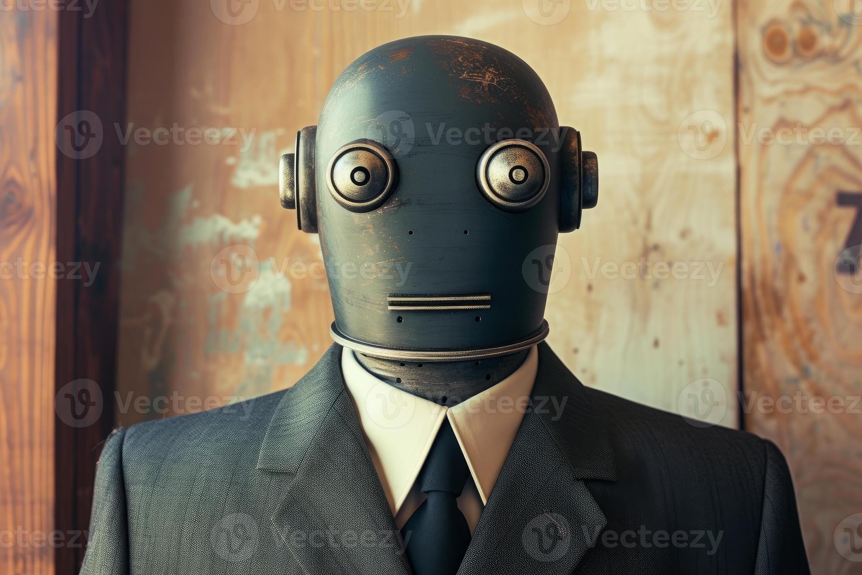 Classic Robot With A Humanoid Face Wearing A Suit And Tie Representing Classic Robot With A Humanoid Face Wearing A Suit And Tie Representing
