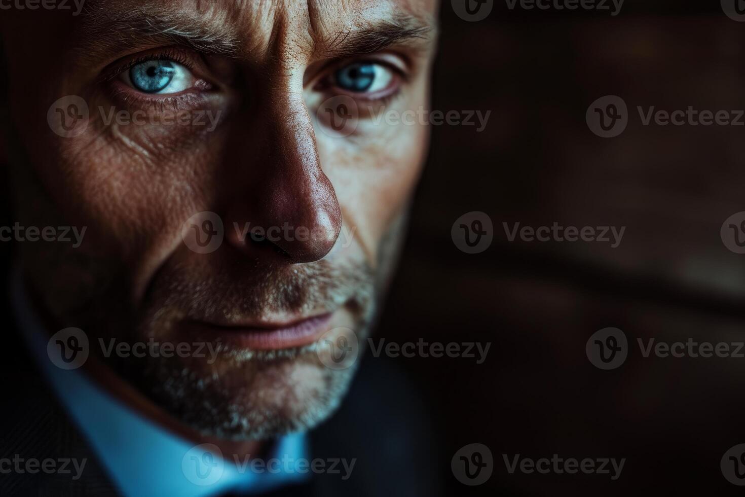 Intense gaze - close-up of a man with piercing blue eyes photo