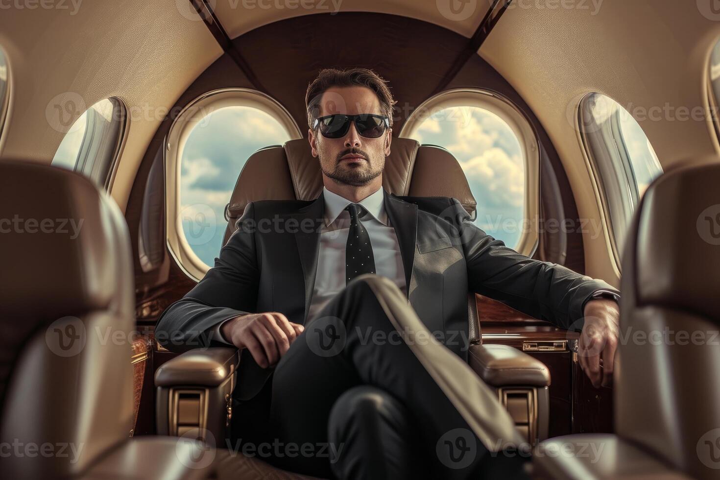 Confident businessman traveling in luxury private jet photo