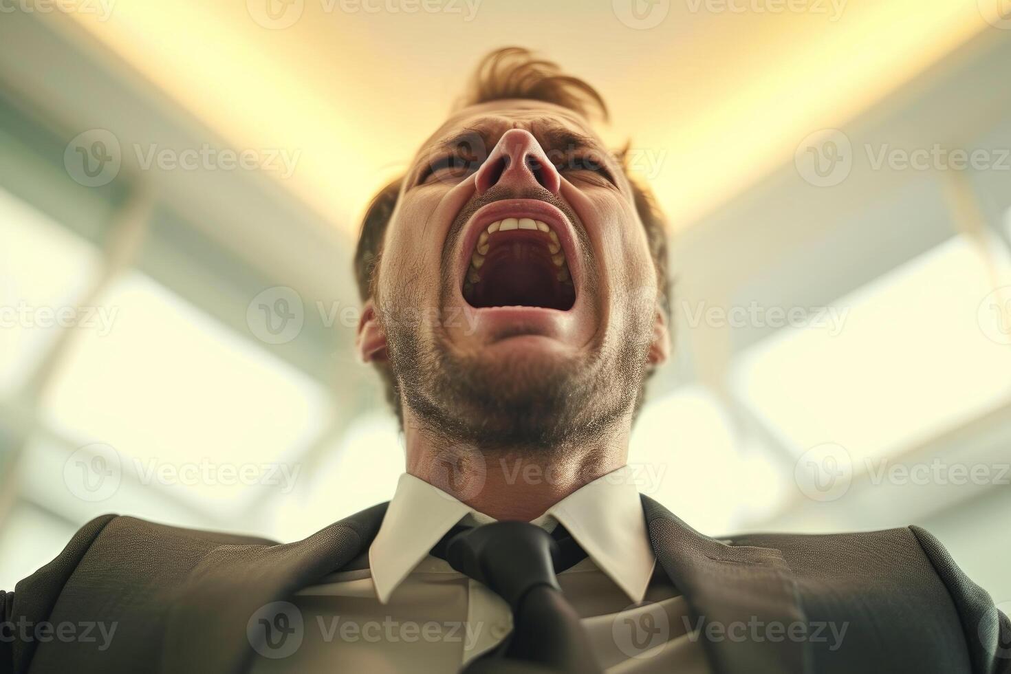 Low angle view of a stressed male executive shouting, depicting workplace pressure photo