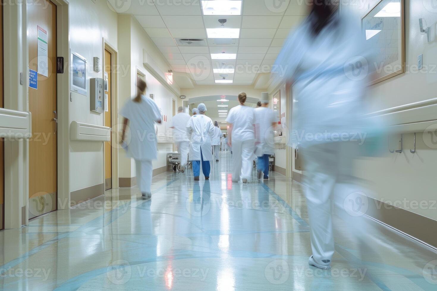 Busy hospital corridor with medical staff in motion photo