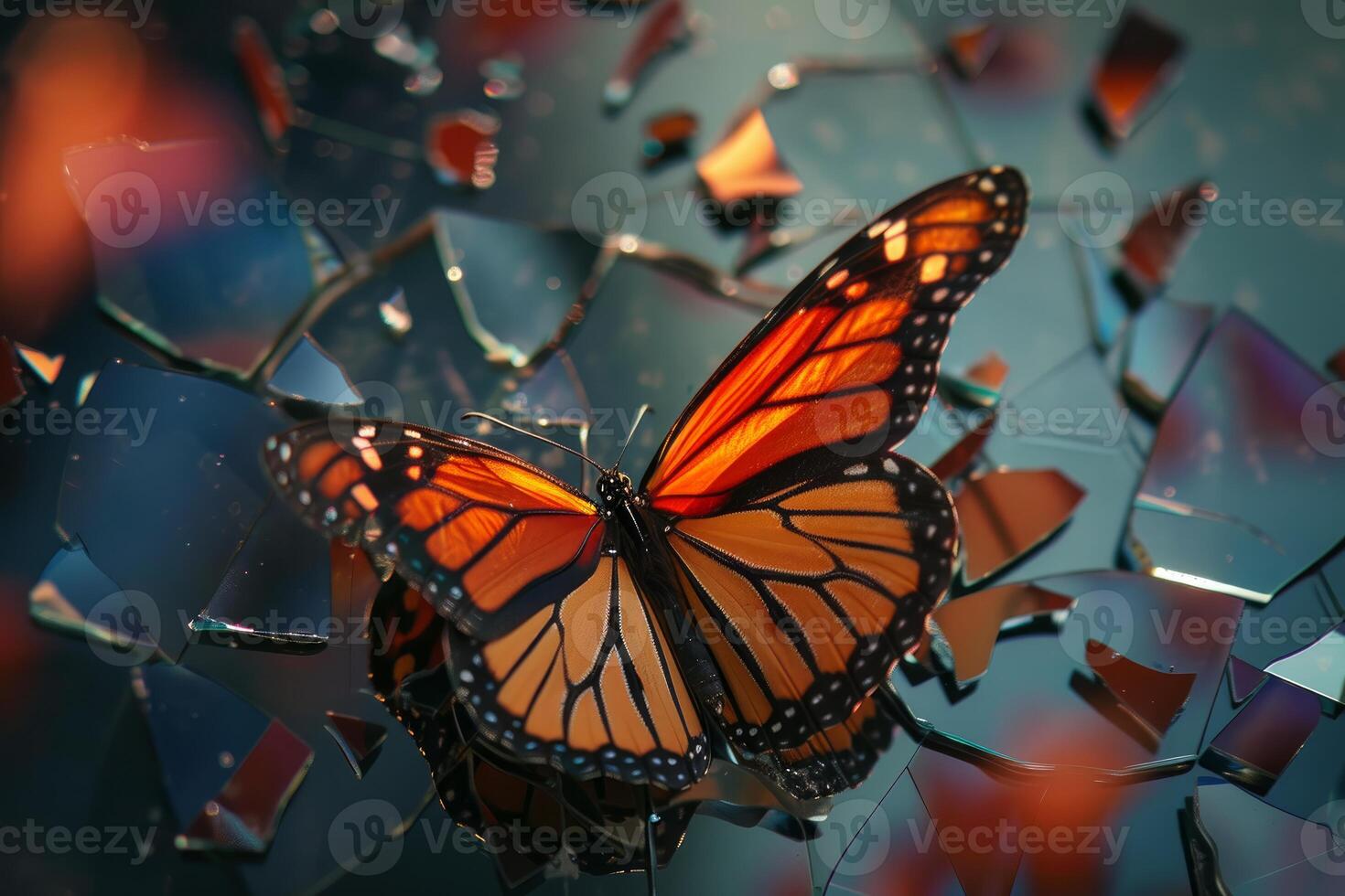 Majestic monarch butterfly amidst shattered glass photo