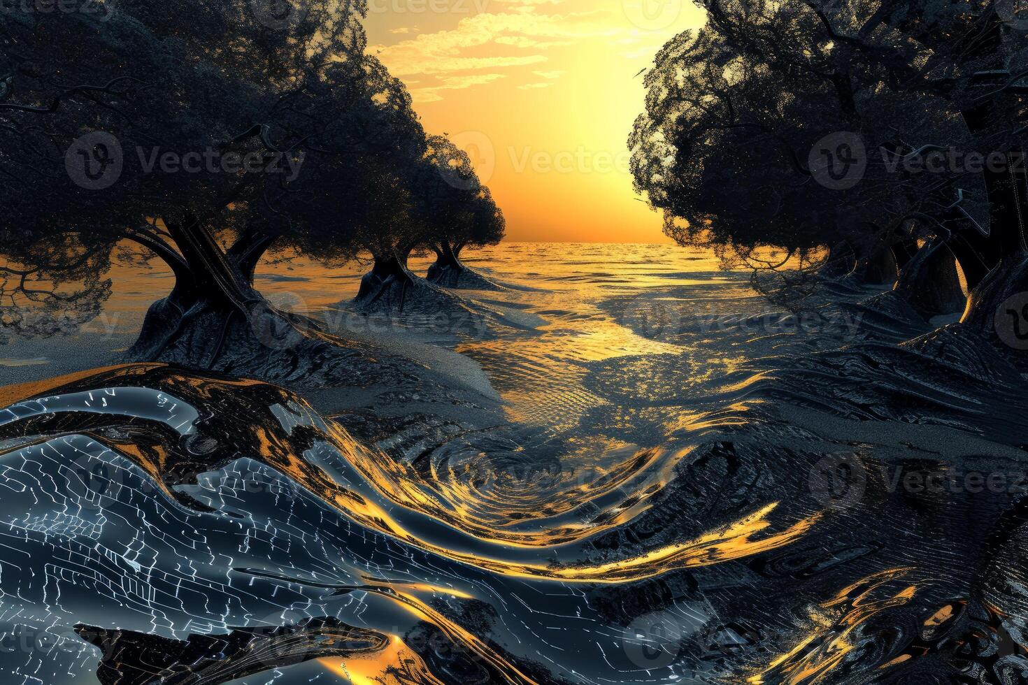 Enchanted twilight forest and stream photo