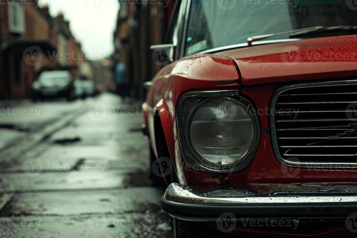 Classic red car on wet cobblestone street photo