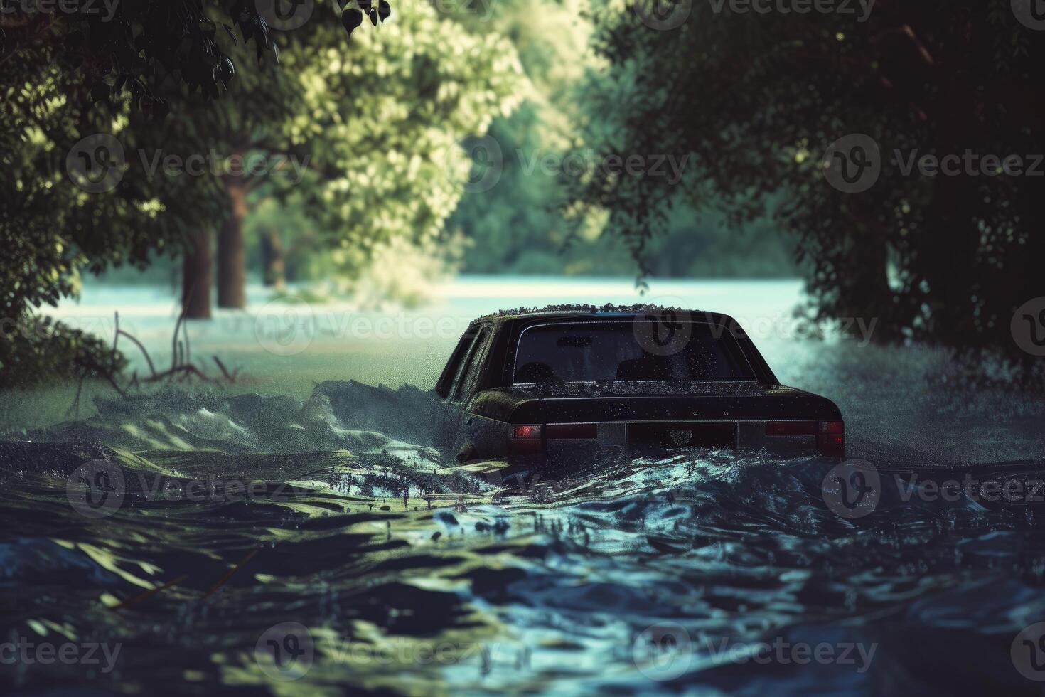 Submerged car in flooded forest landscape photo