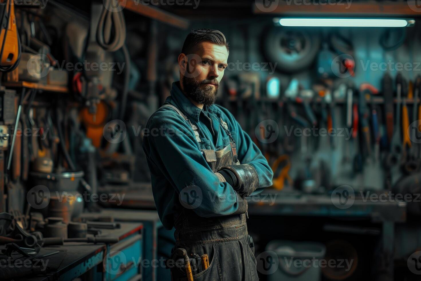 Portrait of a bearded artisan in overalls standing with folded arms in his organized toolfilled workspace photo