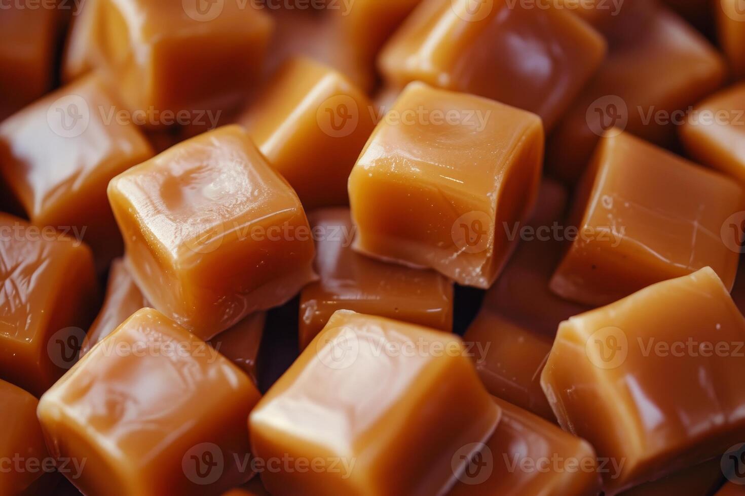 Closeup photo featuring delicious and glossy soft caramel cubes, perfect for desserts