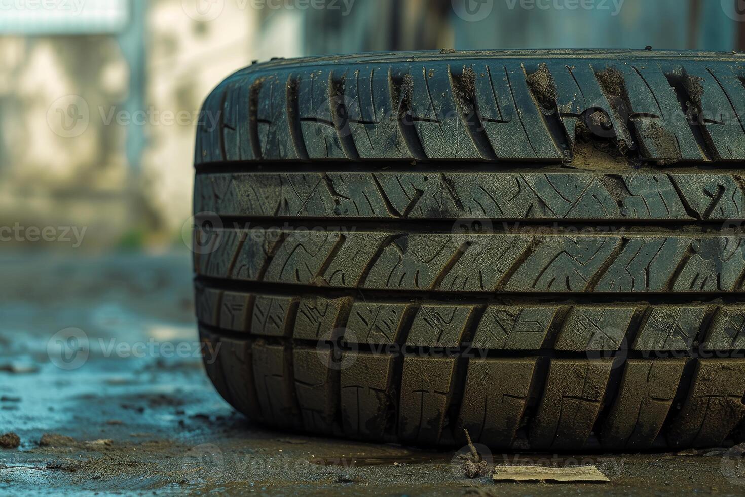 Closeup of worn car tire on rough surface photo