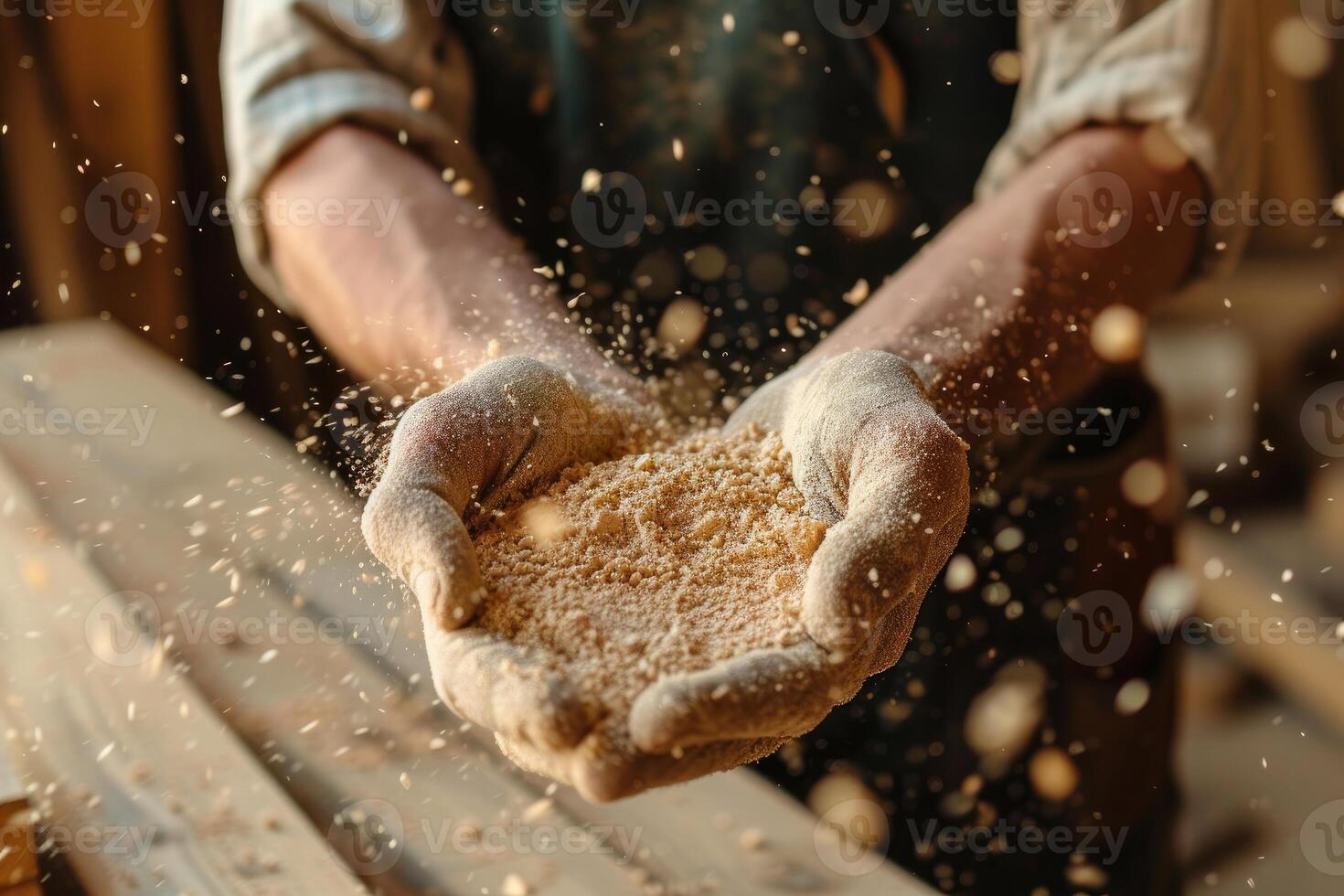 Artisan woodworker dusting hands with sawdust photo