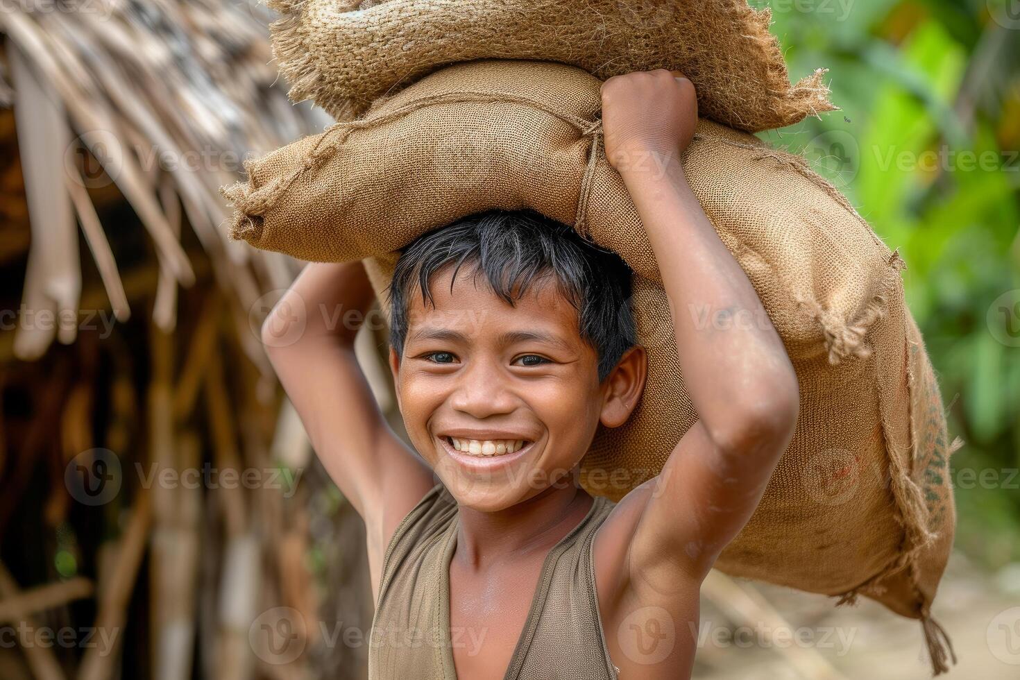 Smiling boy carrying sack in rural setting photo