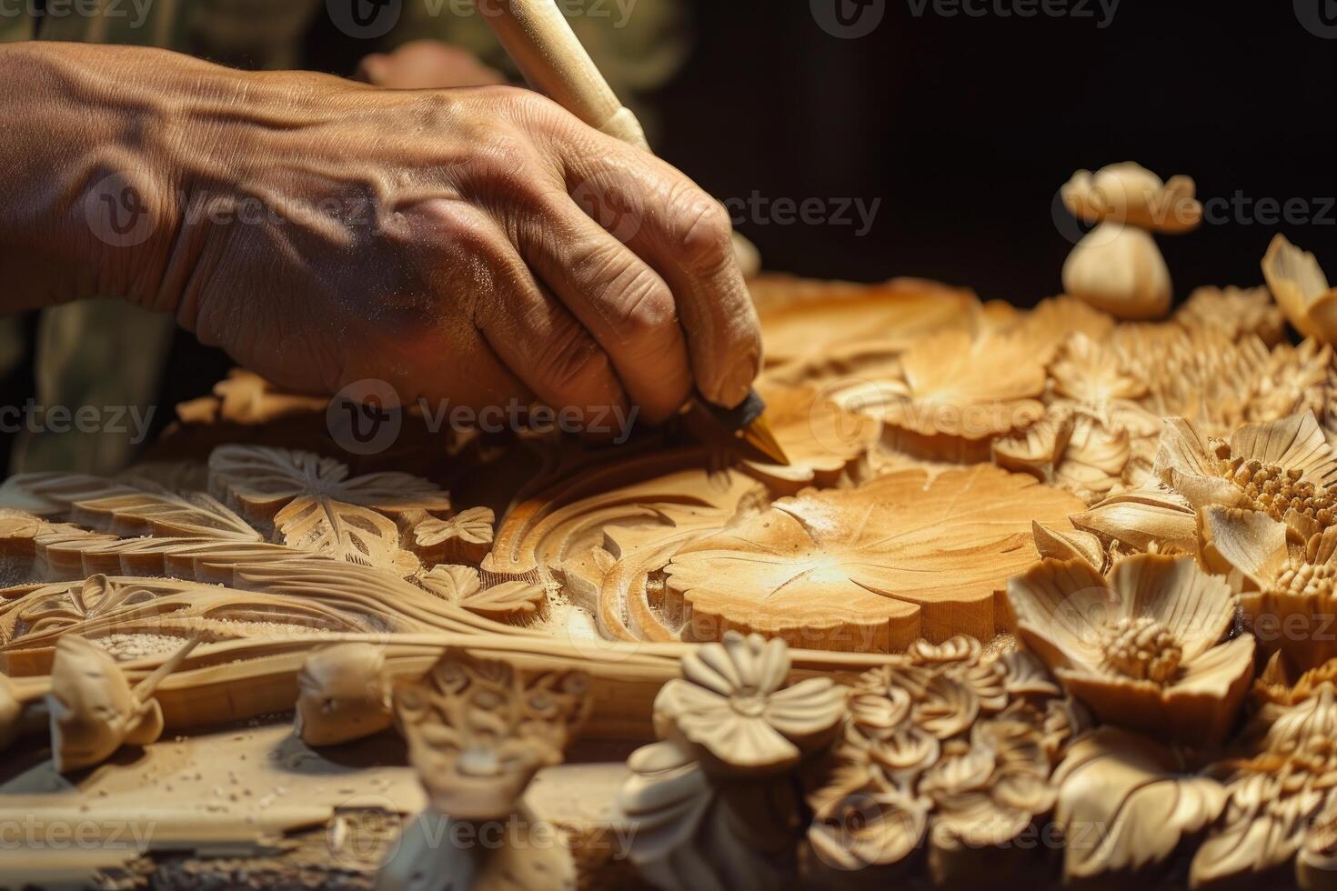 Artisan carving intricate wooden designs photo