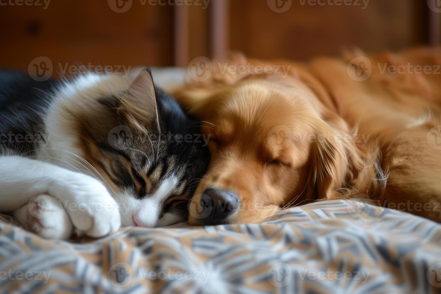 Peaceful cat and dog sleeping together photo