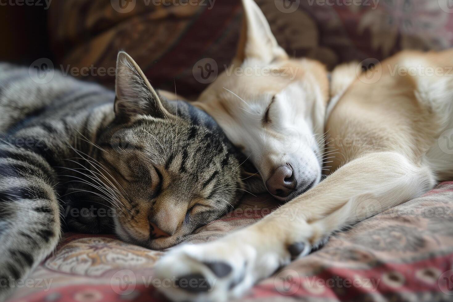 Peaceful cat and dog sleeping together photo