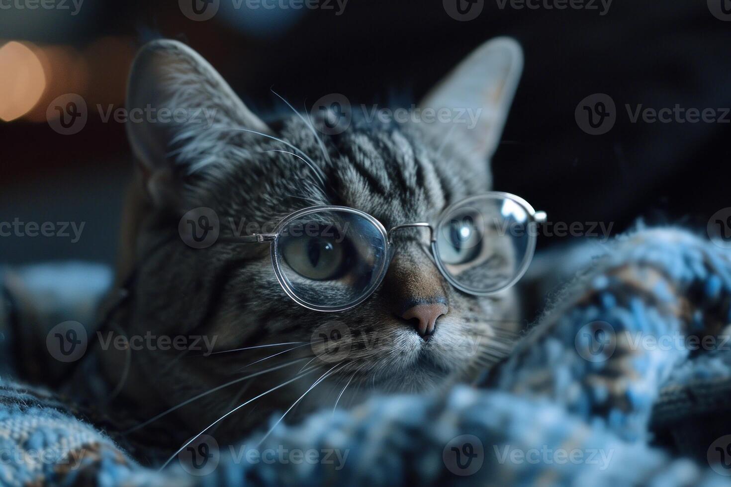 Scholarly cat with glasses lounging on blanket photo