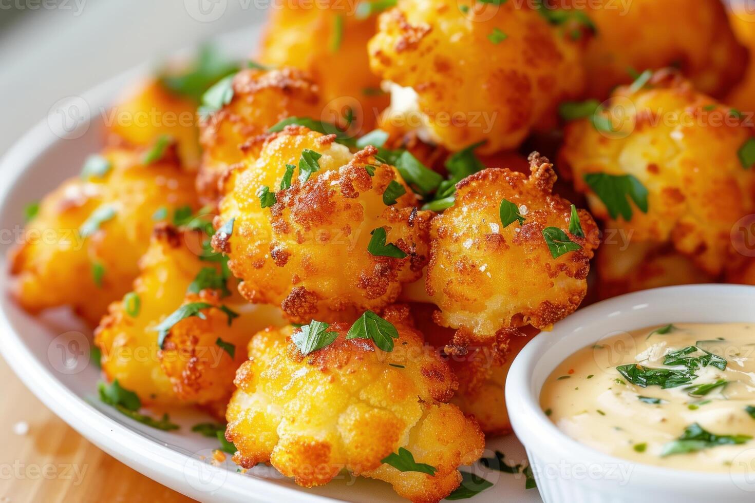 Crispy fried cauliflower bites with dipping sauce photo