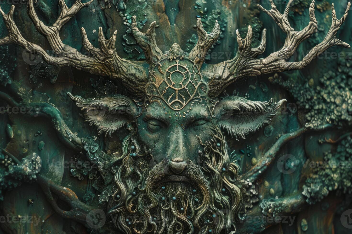 Closeup of an intricate mythical forest god sculpture with antlers photo