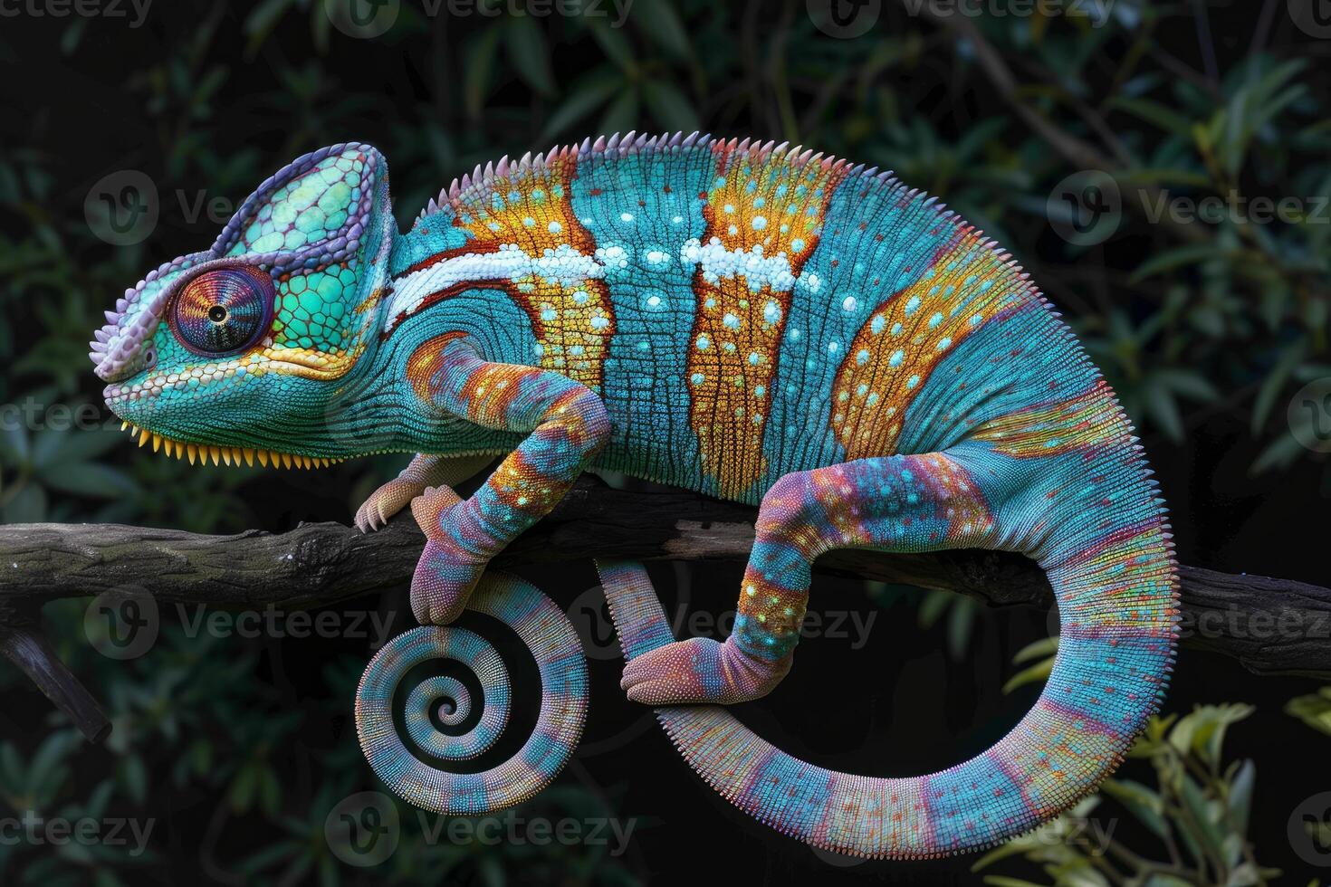 Vibrant chameleon on branch at night photo