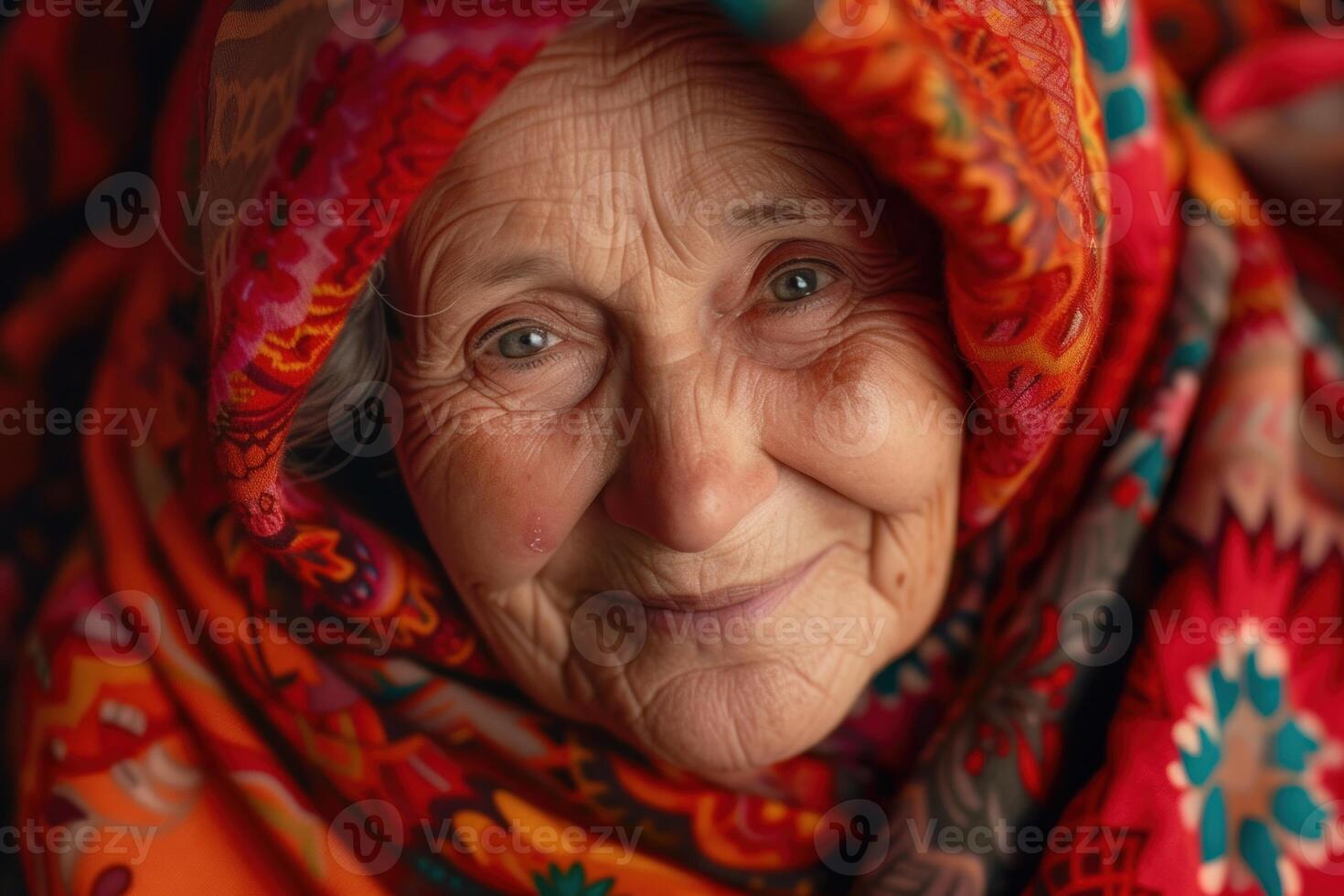 Elderly woman with a warm smile in traditional headscarf photo