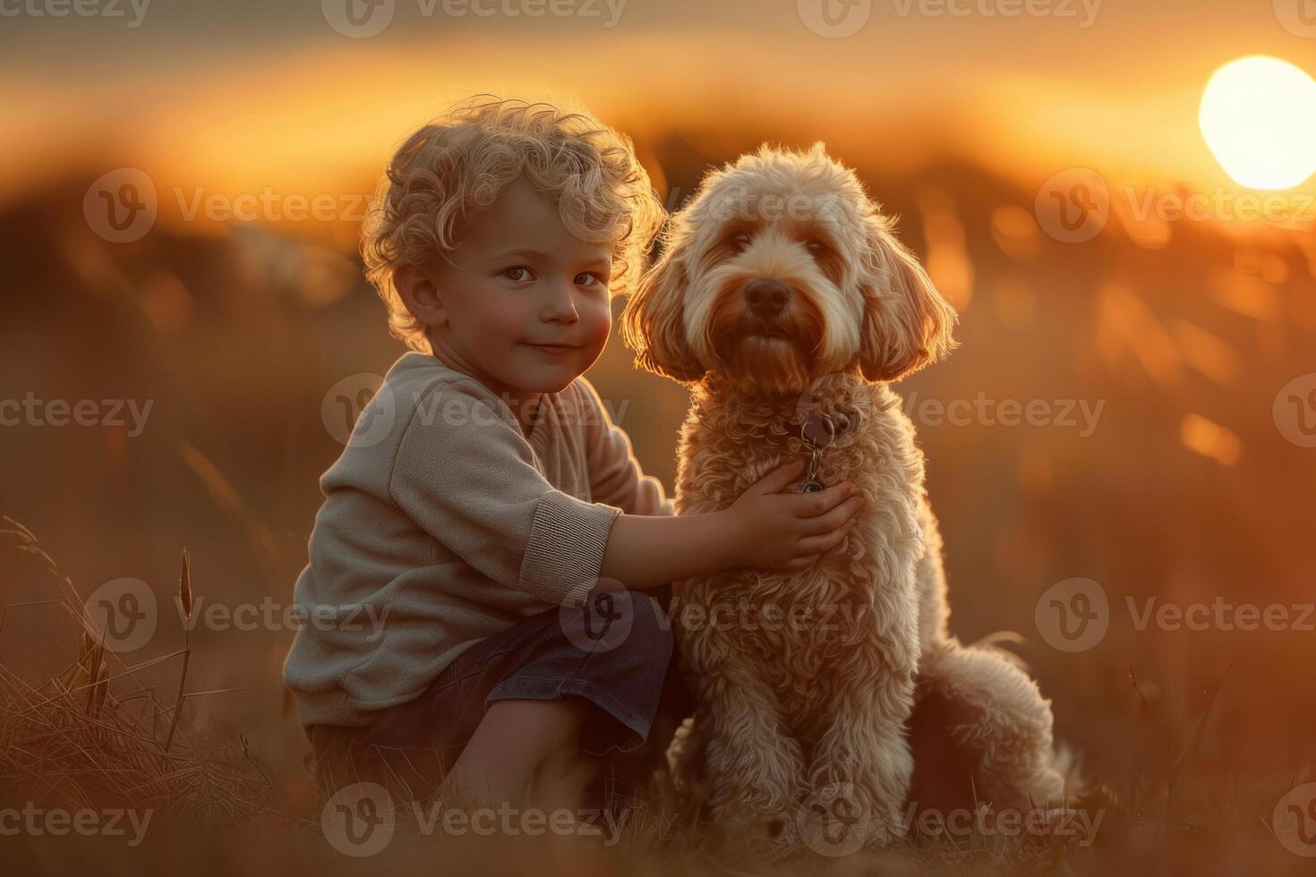 Boy and dog enjoying sunset in the field photo