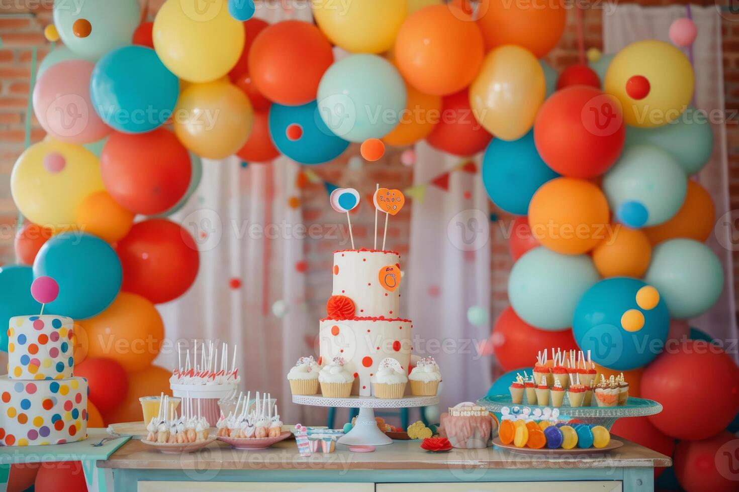 Colorful birthday party table set up with balloons and cake photo