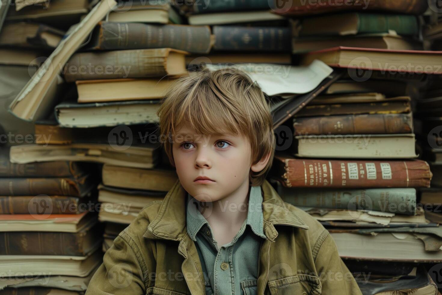 Thoughtful child surrounded by stacks of old books photo