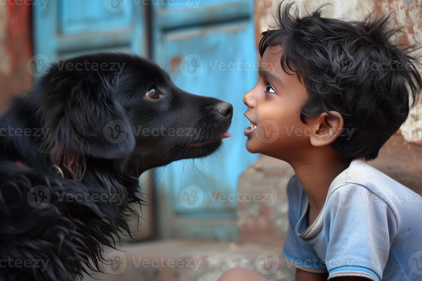 Boy with dog sharing a tender moment photo