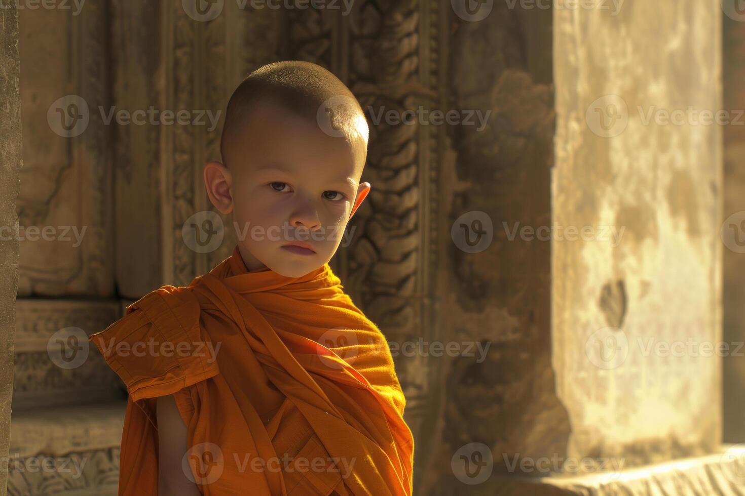 Young novice monk in temple light photo
