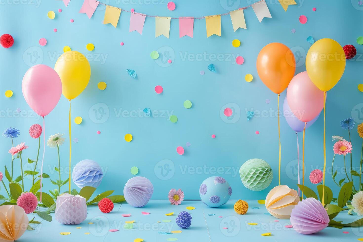 Festive party background with colorful balloons and decorations photo