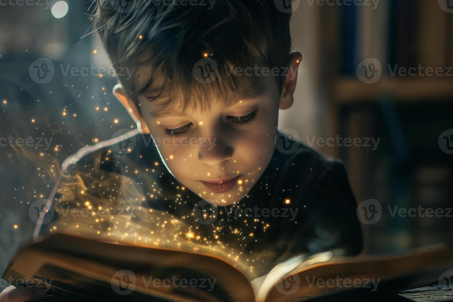 Enchanted storytime little boy reading a magical book photo