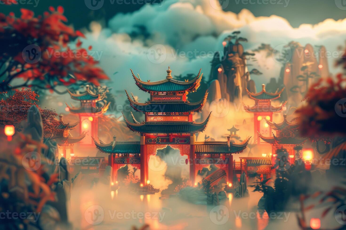 Mystical asian temple amidst clouds at sunset photo