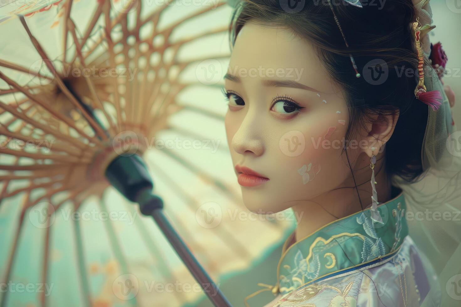 Traditional elegance, woman in hanfu with umbrella photo