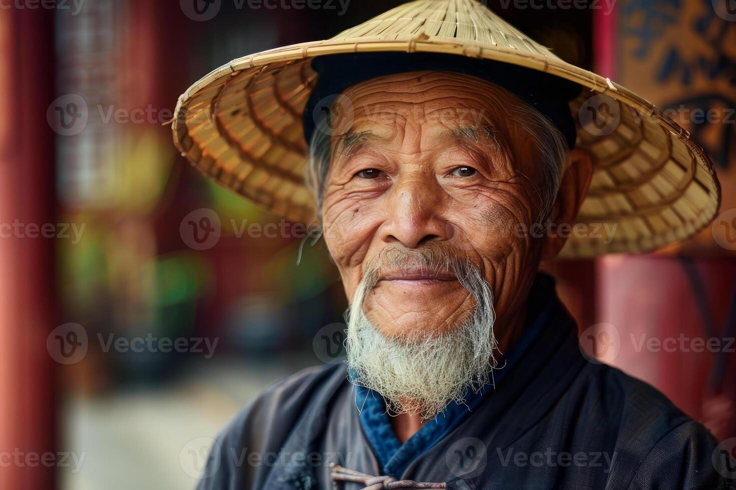 mayor asiático hombre con tradicional sombrero foto